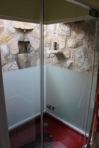 Glass enclosed shower surrounded by moat and rock waterfall